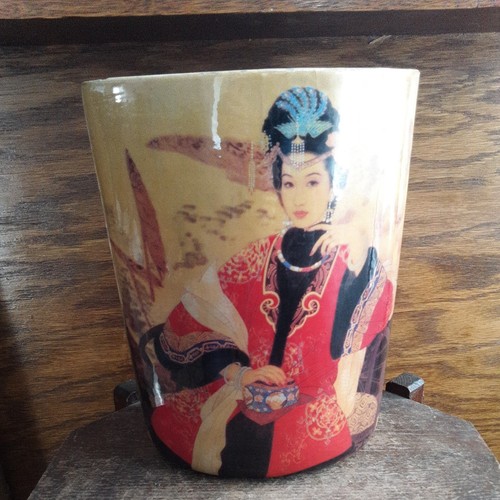 Vintage Glass Painted Pottery Basket Asian Design 8" inch tall 6.25" wide - Picture 4 of 24