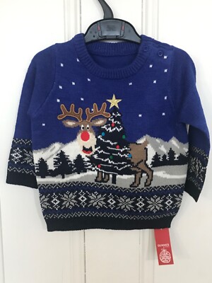 Pullover Dunnes blau Weihnachten Rentier 9-12 Monate / bis 80 cm neu mit Etikett