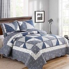Grey Quilt Set Full Queen Size Floral Patchwork Reversible Quilted Bedspread