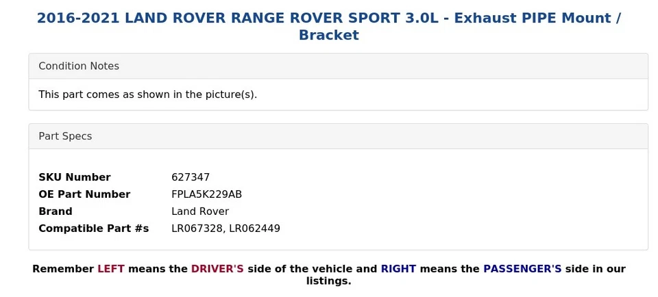 2016-2021 LAND ROVER RANGE ROVER SPORT 3.0L - Suporte/suporte para tubo de escape - Imagem 3 de 4