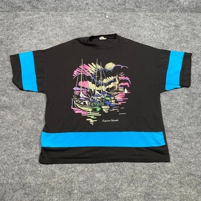 Vintage Breakaway Inc Cayman Islands Graphic T Shirt Black Neon Blue Mens XL USA