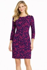 Tory Burch Navy Pink Leaf Print Long Sleeve Dress Gold Buttons XS