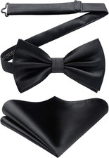 Men's Solid Color Pre-Tied Bow Tie and Pocket Square Set, Formal Tuxedo