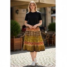 Talbots Petites Brwn Yello Geometric Polka Dot Cotton A-Line Midi Skirt 8P Artsy