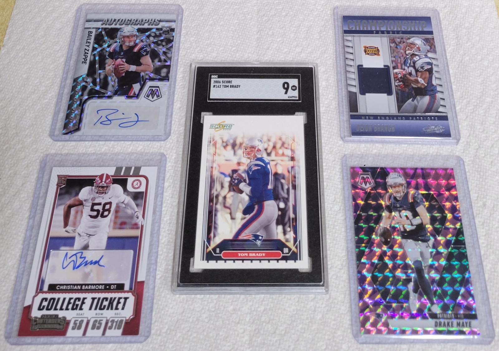 Drake Maye, Tom Brady, Deion Branch, Patriots RC jersey auto ref prizm SGC (35) view 1