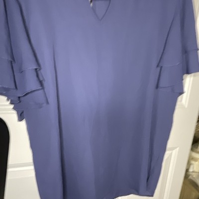 Attention Women's Blue Solid V-Neck Ruffle Short Sleeve Pullover Blouse XL