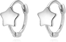 Solid 925 Sterling Silver Star Hoop Earrings for Women Teen Girls Star Huggie Ea