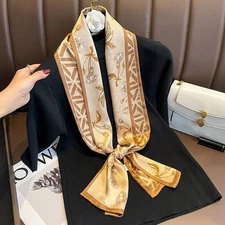 Double Side 100% Pure Silk Long Scarf Women Brown Flower Neckerchief 150*15cm