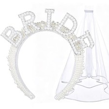 Pearl Bride Headband with Veil Bridal Shower Bachelorette Party Decoration
