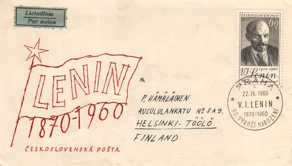 Carta 90 cumpleaños Vladimir Lenin Checoslovaquia a Finlandia Checo FDC 1960 Foto 2 de 3