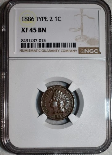 NGC XF-45 BN 1886 Type 2 Indian Head Cent, Lustrous, Clearly AU specimen.