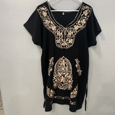 Vtg Mexican Hand Made Art Dress Floral Embroidered Black Boho Art Hippie Medium