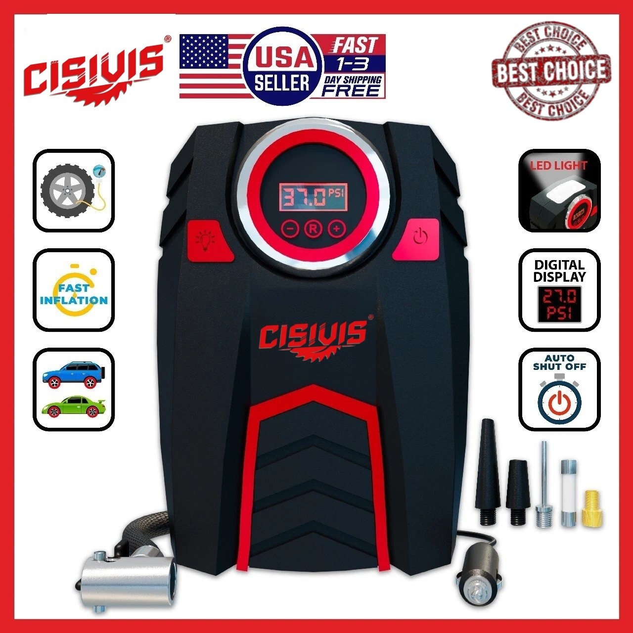 Portable 150 PSI Air Compressor Tire Inflator Fits Car Moto Bike Tires Air Pump