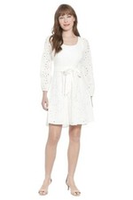 London Times Women's Long Sleeve Scoop Neck a-Line Dresses, White, 4