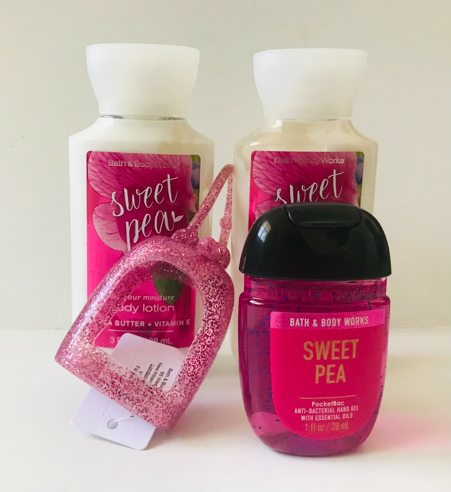Bath & Body Works SWEET PEA 2 PIECE BODY LOTION  HOLDER & TRAVEL SIZE SET OF 4