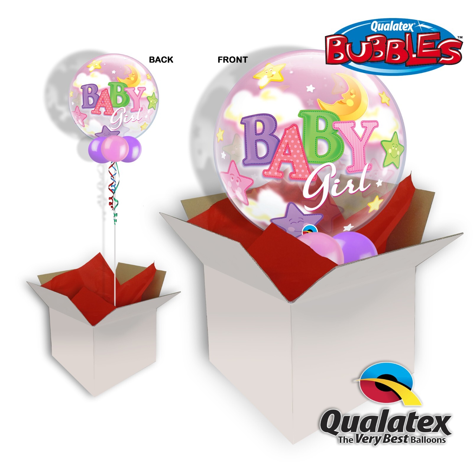 22inch Bubble Balloon Baby Girl Moon and Stars Baby Shower Balloon In A Box