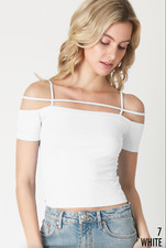 White Off Shoulder Seamless Short Sleeve Top with Multi Strap Detail OS