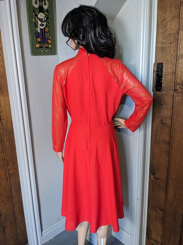 Vintage 60s 70s Red Gold Glitter Floral Crepe Skater Dress Boho Party 10 12 38 - Picture 4 of 8