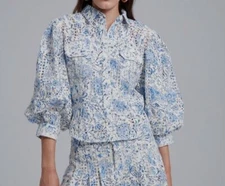 $375 Love The Label Women's Blue Shira Blue Printed Eyelet Top Size XS