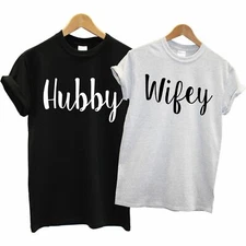 Hubby and Wifey T-Shirts Husband Wife Newly Weds Married Top Honeymoon Cute L125