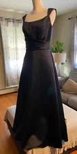FORMAL GOWN Sz 12 MoriLee Navy Blue Satin Beaded Homecoming Bridesmaid Ball Gown