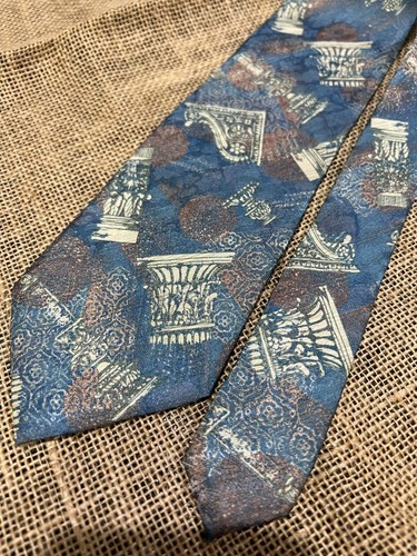 CLASSIC VINTAGE MEN NECKTIE JAPAN ABSTRACT ART BLUE & IVORY 100% SILK - Picture 5 of 7