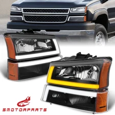 Black Headlights LED DRL Sequential Signal For 03-07 Chevy Silverado Avalanche