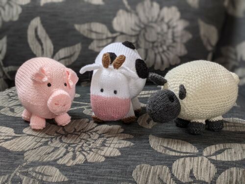 Hand knitted soft stuffed farm animals black and white cow, pink pig,cream  sheep | eBay
