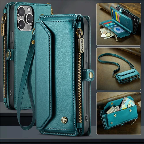 For iPhone 16 15 14 13 12 Pro Max Plus Case Wallet Leather ZIP Bag Strap Cover - Picture 73 of 84