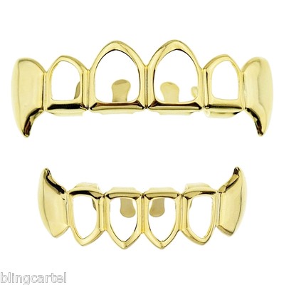 14k Gold Plated Four Open Face Fang Grillz Top Bottom Hip Hop Vampire Fangs Set
