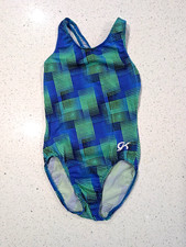GK Elite Child Medium Gymnastics Dance leotard RAZORBACK Blue Green GOLF PLAID