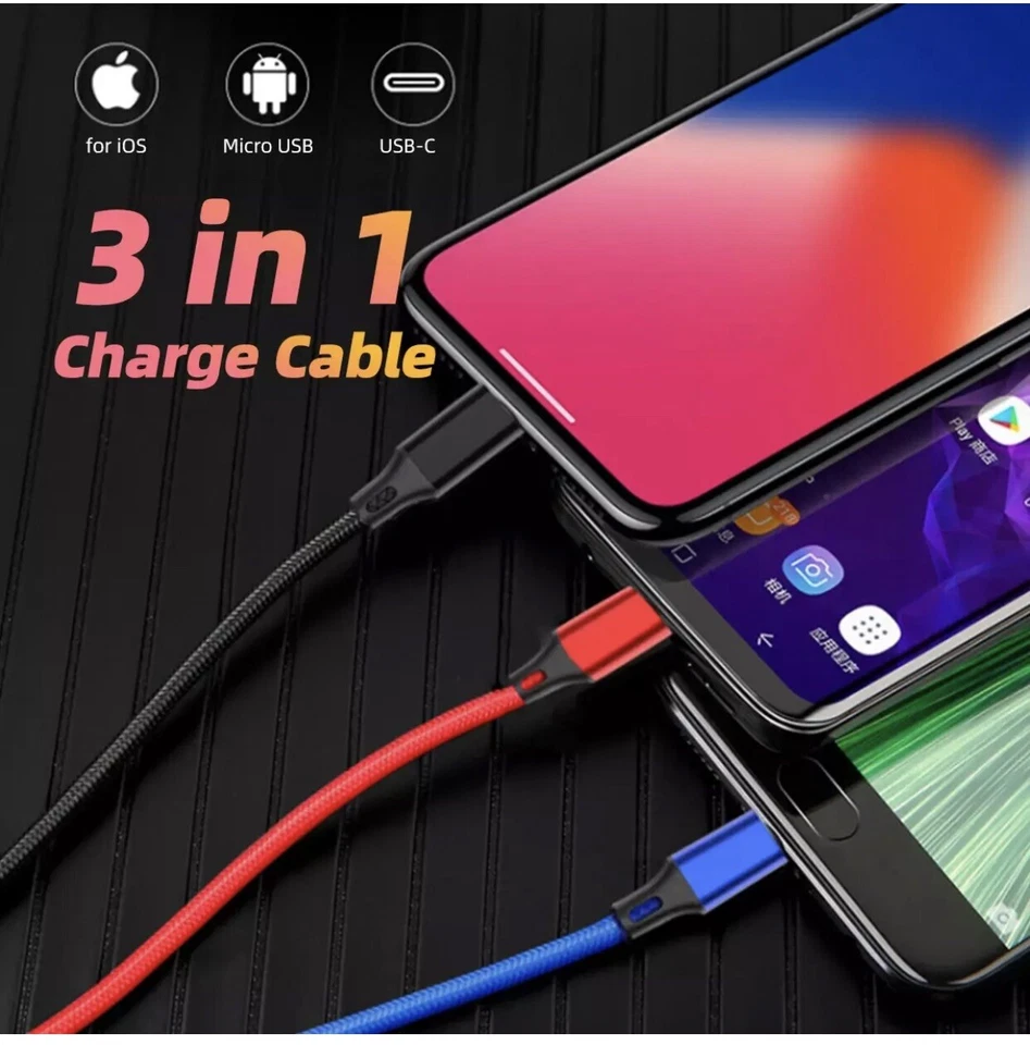 Cable de carga rápida 3 en 1 multi USB para micro iPhone Android tipo C Foto 2 de 4