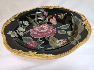 Raymond Waites BALI Round Serving Bowl 14''x3'' Black Gold Floral 2004-05 VGUC