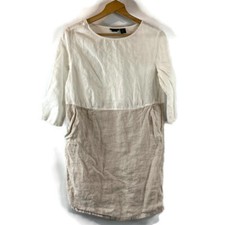 Tahari Womens Mini Shirt Dress Size Small Linen Round Neck 3/4 Sleeve