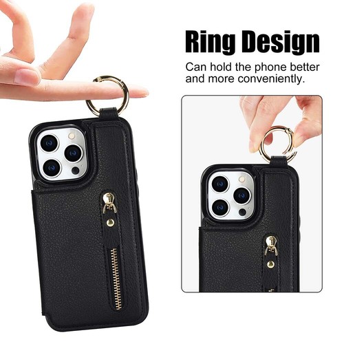 For iPhone 15 14 13 12 1 Lychee Texture Zipper Finger Ring Wallet Phone Case - Bild 10 von 13