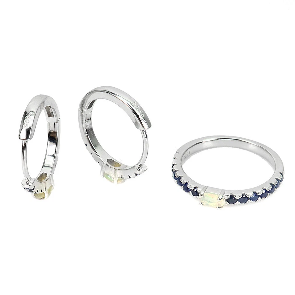 925 Argento Sterling Ovale Opale di Fuoco Zaffiro Taglio Diamante Gemma Gioielli - Immagine 3 di 4