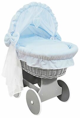 Graue Weidenrollen Kinderbett/Baby Moseskorb + komplette Bettwäsche blau/Baumwolle