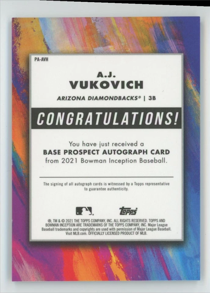 A.J. Vukovich 2021 Bowman Inception Blue Auto /99 #PA-AVH Arizona Diamondbacks - Image 2 of 3