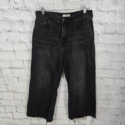 F21 high rise jeans Sz 28 black raw hem wide leg casual A42