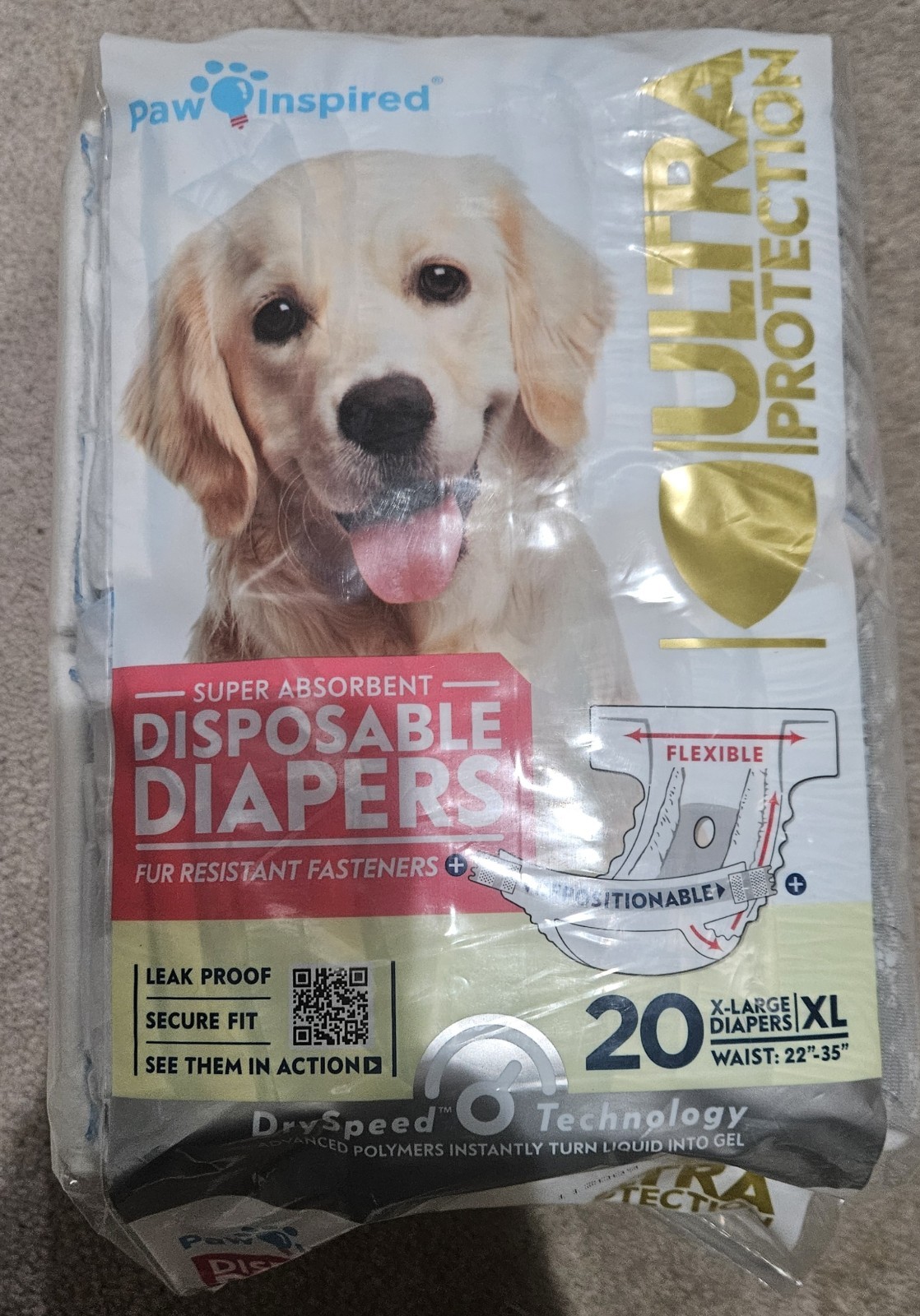 Paw Inspired Ultra Protection Disposable Dog Diapers -30 Count XL-New