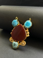 Designer Pendant Red Agate Blue Druzy Gold Plated Luxury Statement Jewelry