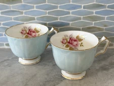 Vintage Aynsley Crocus Blue Rose Tea Cups Set Of 2