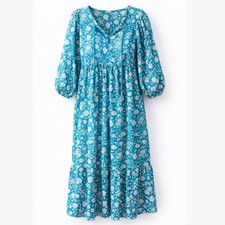 Miduo Teal Blue Floral Tiered Maxi Dress XL Puff Sleeve Boho Cottagecore Tie Nec