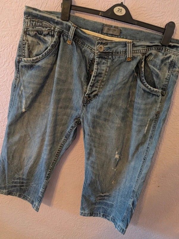 Burton London Men's Denim Shorts W42 Blue Distressed Long Jorts 100% Cotton image 2