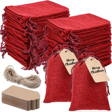 100 Pcs Drawstring Burlap Gift Bags 4X6'' with Tags, Burgundy