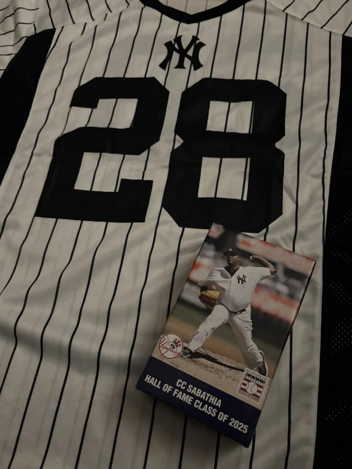New York Yankees #28 Austin Wells Football Jersey & CC Sabathia Plaque SGA SET - Image 3 of 3