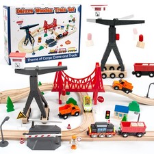 WOOD CITY Wooden Train Set, 56-Piece Deluxe Kids Toy Train Set for 2 3 4 5 Ye...