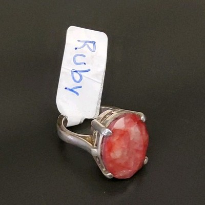 Silver Tone Ruby Ring Size 6 Oval Red Stone Cocktail Prong Set 1 Gemstone