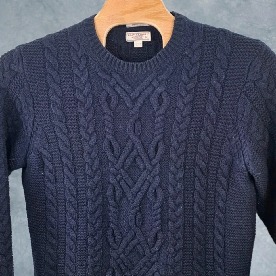 Wallace & Barnes Fisherman Sweater Blue Cable Knit 100% Shetland Wool Oarsman  - Image 3 of 4