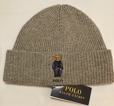 Men's POLO RALPH LAUREN Gray Grey Winter Blue Bear Knit Beanie Cap NEW NWT NicE 
